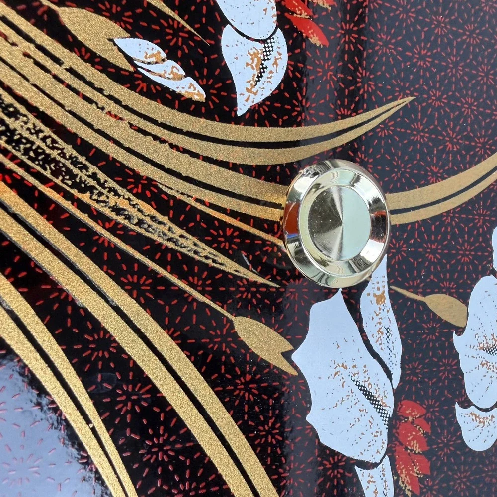Vintage Japanese Black Lacquer Bento Box Gold Iris Floral‎ Divided Tray Lid